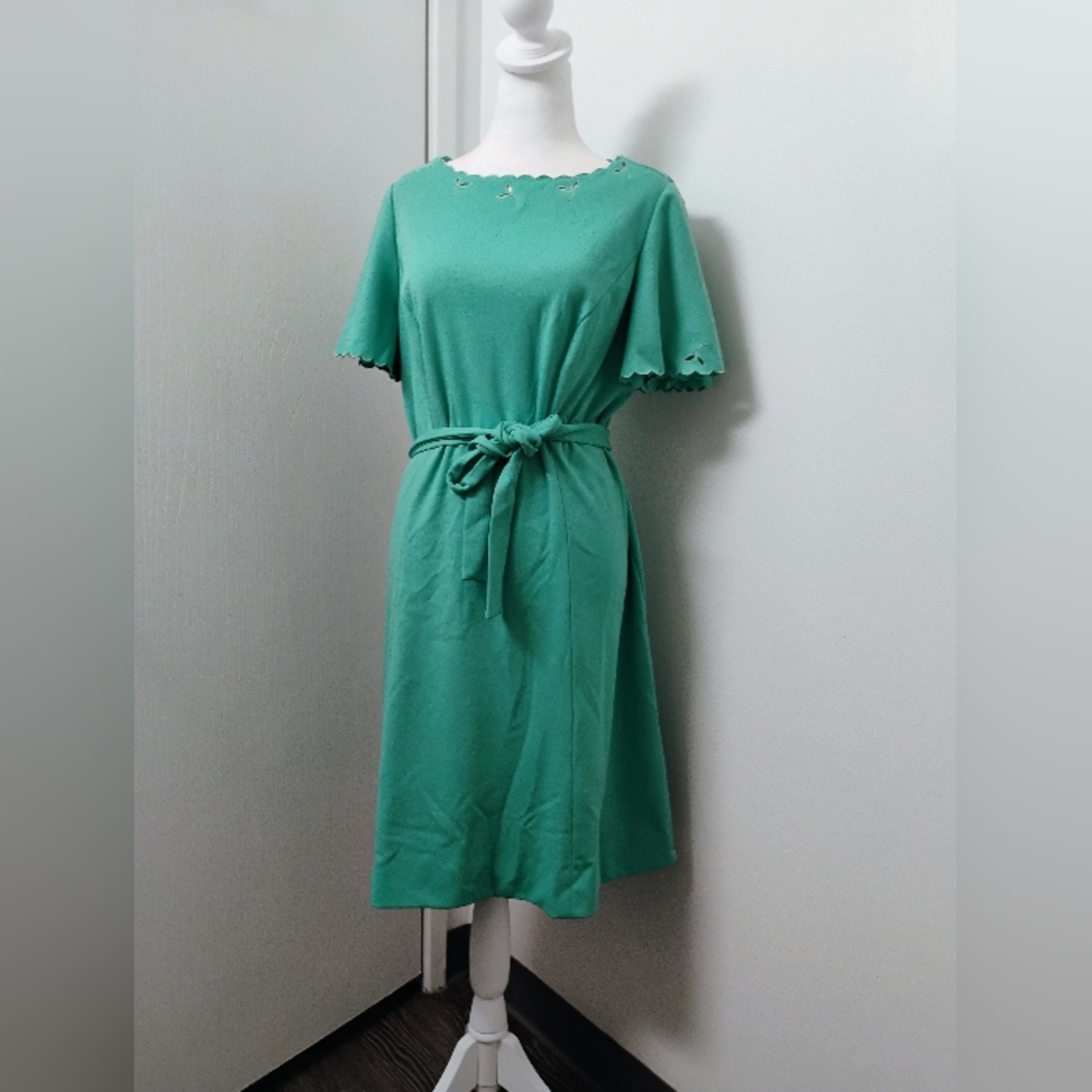 Vtg 60s 70s Sprout Spring Eyelet Accent Shift Belted Dress